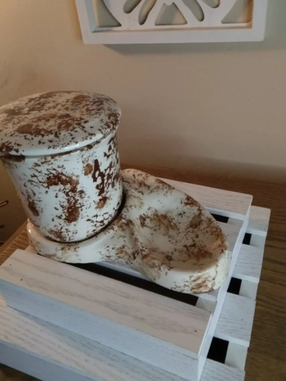 Vintage Speckled Ceramic Toothbrush Holder & Soap Dish Set - Cream and Brown